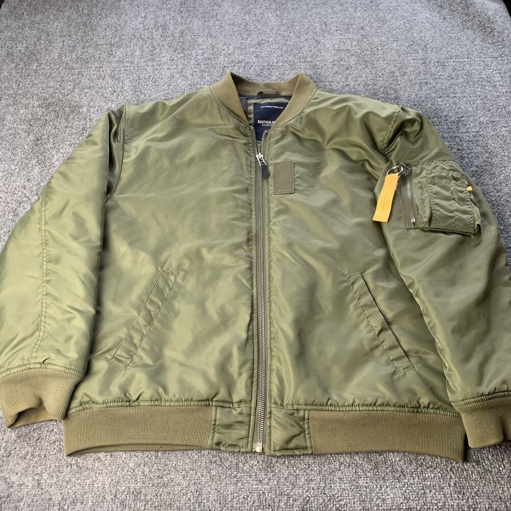 Nautica Bomber Jacket Mens XL Army Green Quilted Lined Flight Full Zip Nylon